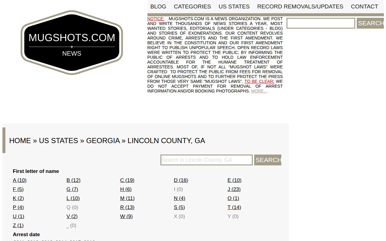 Stale unofficial Lincoln County Georgia mugshot archive example
