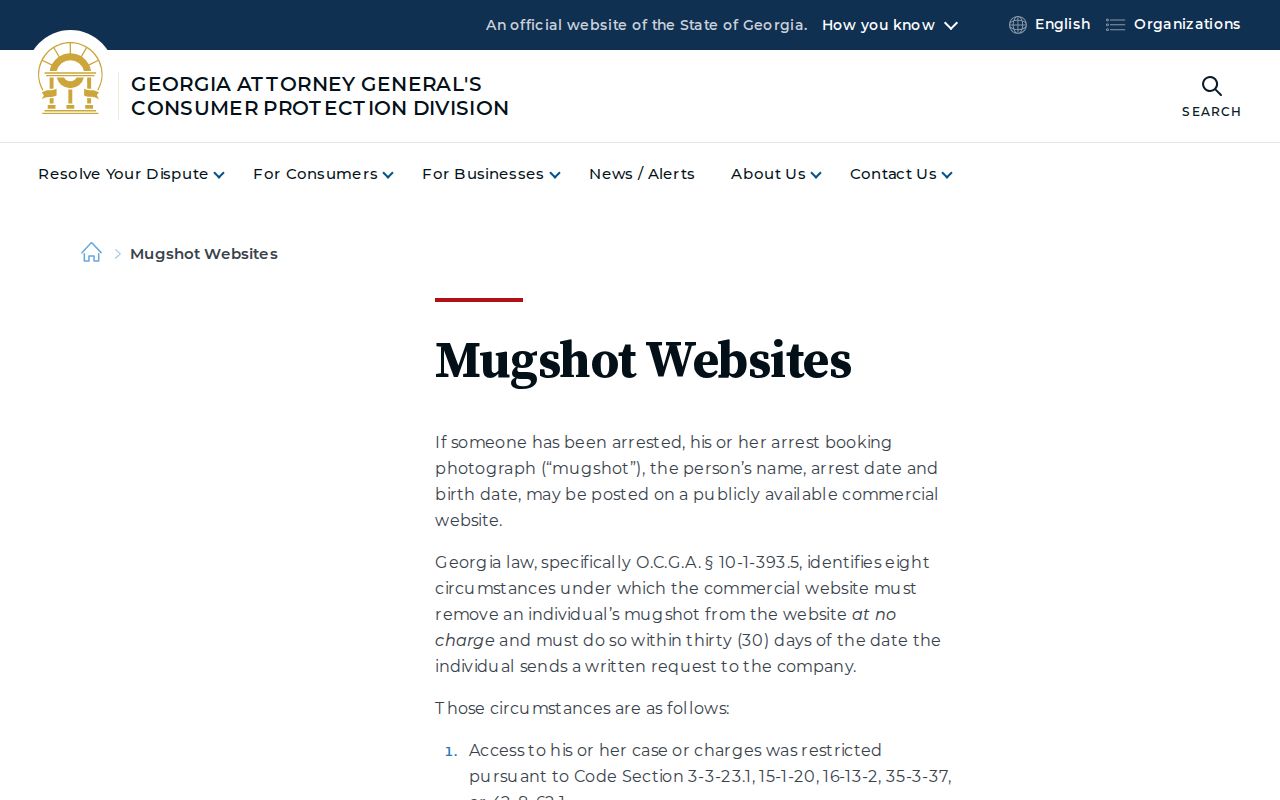 Georgia Attorney General mugshot website removal guidance for Lincoln County records