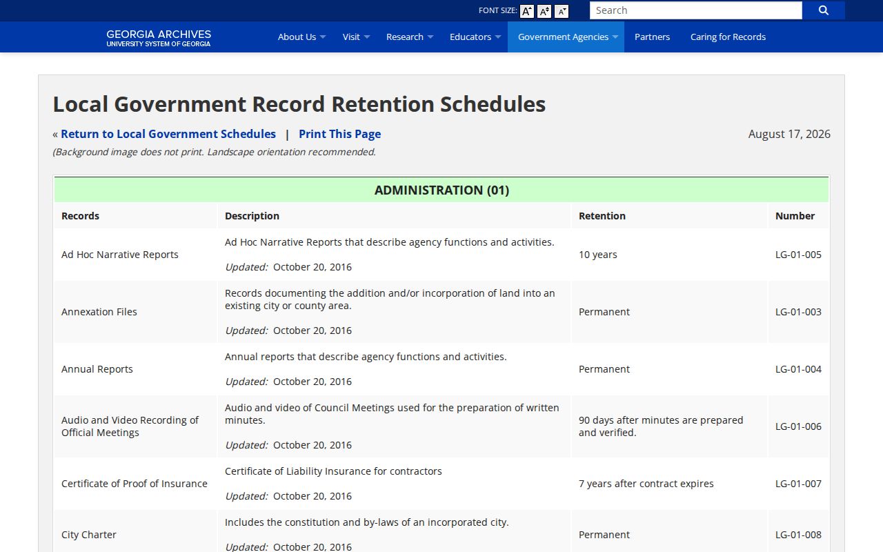 Georgia Archives local government retention schedule for Lincoln County jail records