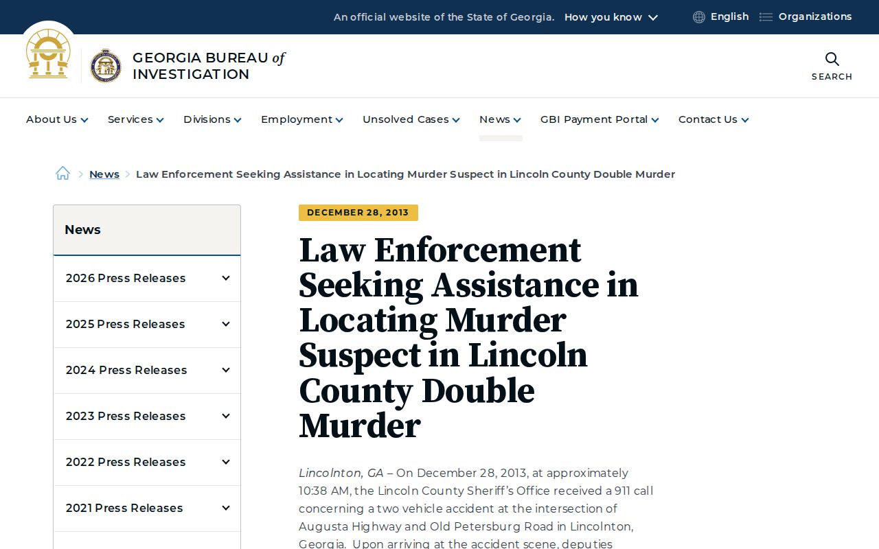 Historical Georgia Bureau of Investigation wanted release for a Lincoln County case